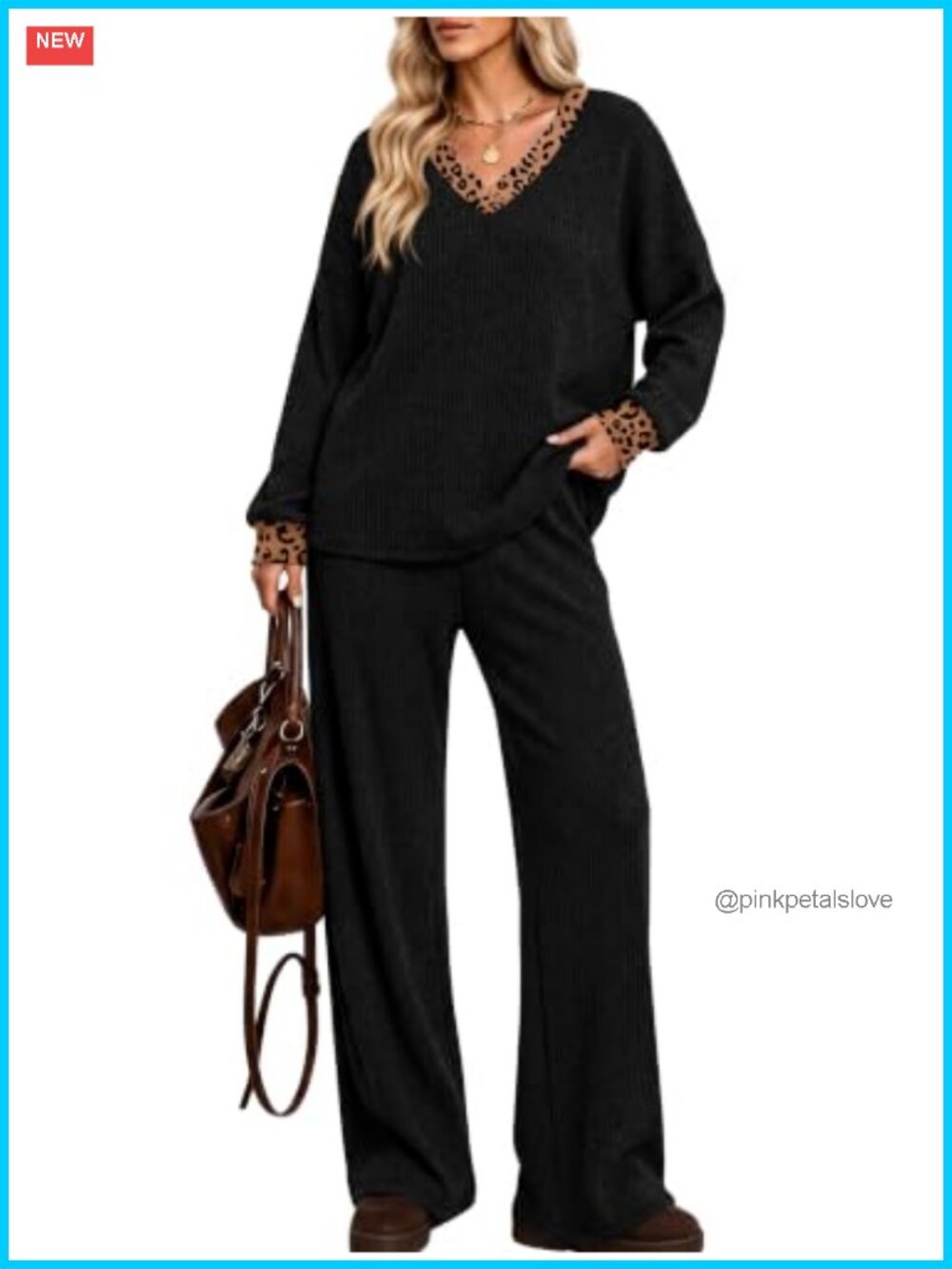 Sampeel Women's Two Piece Lounge Set Ribbed Knit V Neck Wide Leg Pants Fall